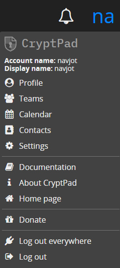 Menú de usuario desplegable de CryptPad