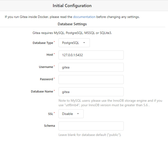 Instalador de Gitea - Configuración de la base de datos