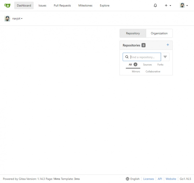 Panel de control de la cuenta de Gitea