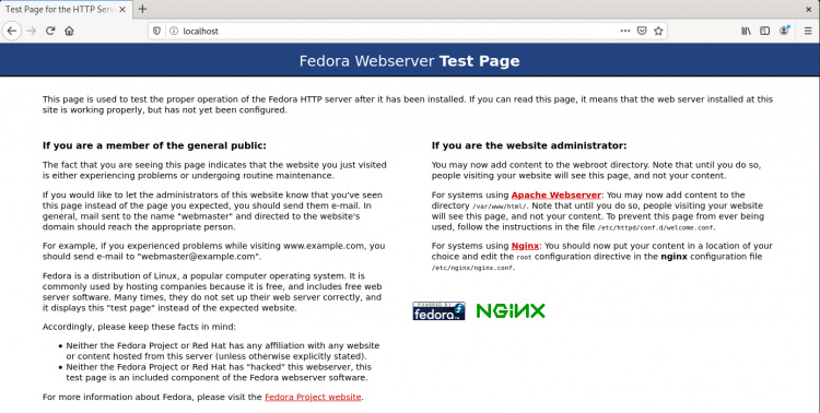 Inicio de Fedora Nginx