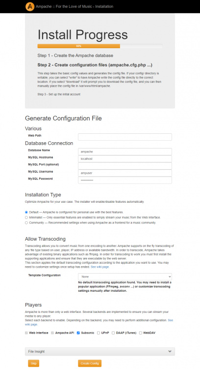 Configuración del instalador de Ampache