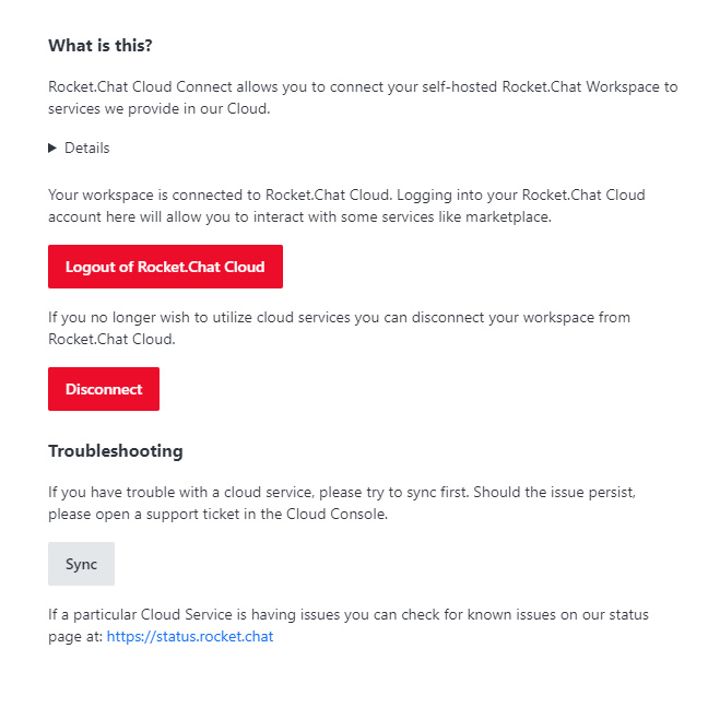 Inicio de sesión con éxito en Rocket Chat Cloud