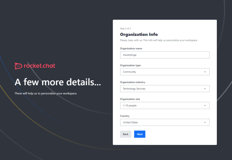 Configuración de la organización del chat Rocket