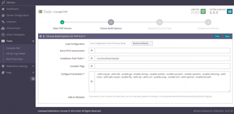 Opciones de construcción de PHP