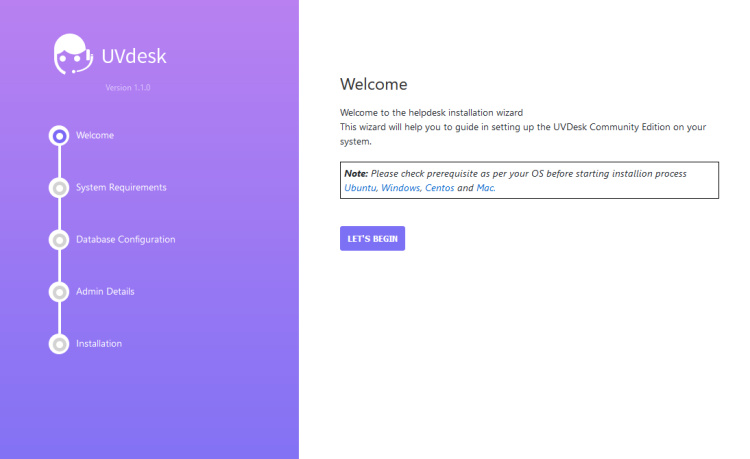 Pantalla de instalación de UVDesk