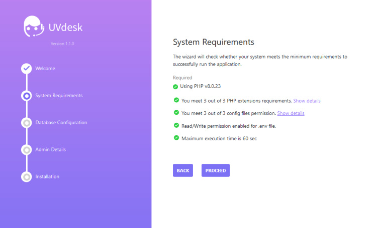 Pantalla de requisitos del sistema UVDesk