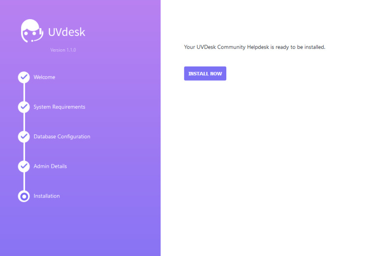 Pantalla Instalar ahora UVDesk