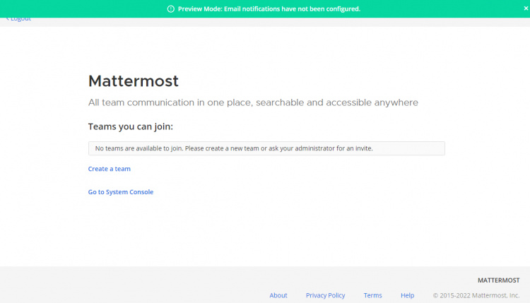 Página de creación del equipo Mattermost