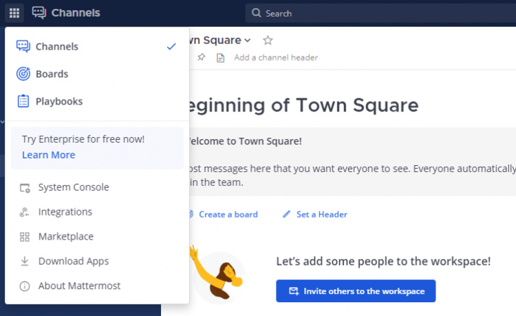Menú de la consola del sistema Mattermost