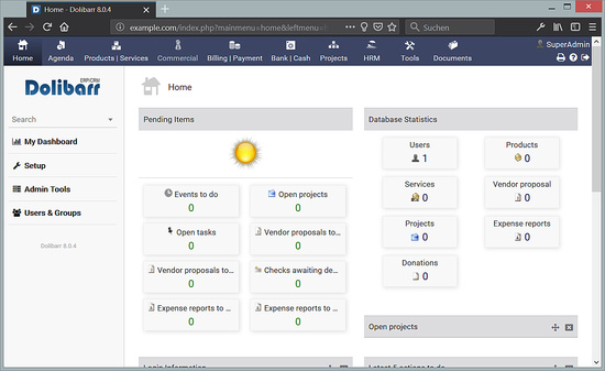 Panel de control del CMS y ERP Dolibarr
