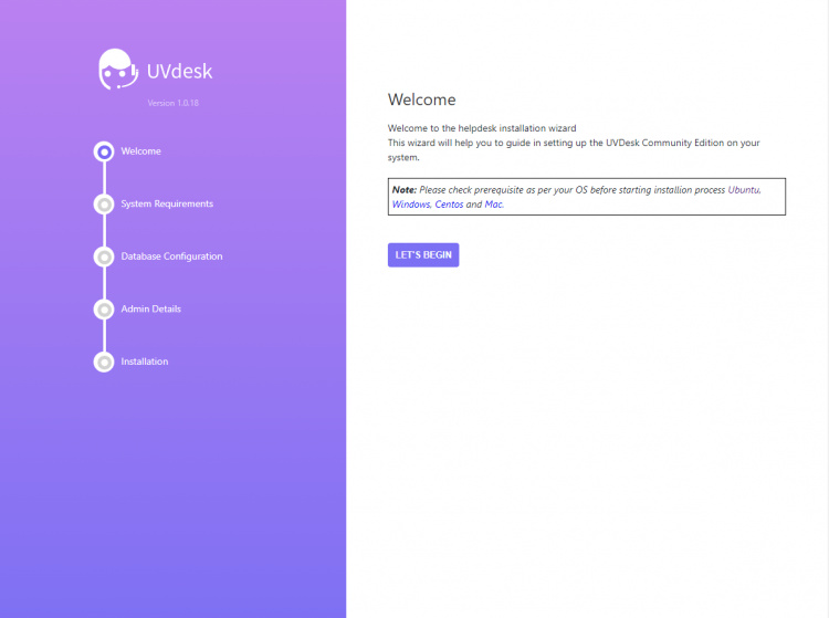 Pantalla de instalación de UVdesk