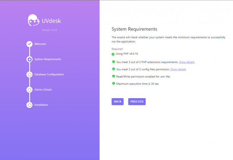 Pantalla de requisitos del sistema UVdesk