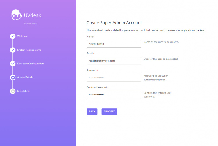 Pantalla del superadministrador de UVdesk
