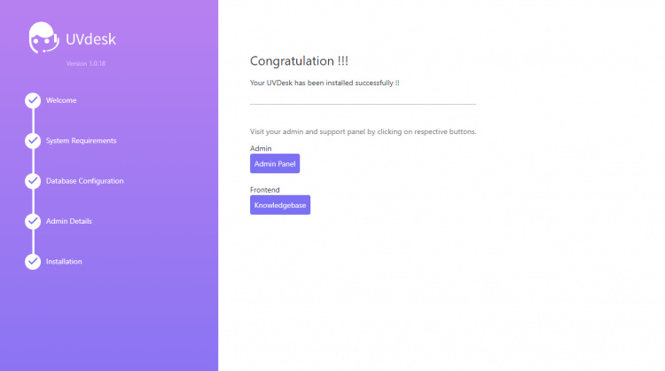 Pantalla completa de instalación de UVdesk