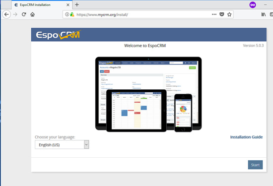 Pantalla de bienvenida de EspoCRM