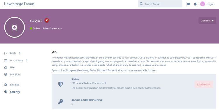 Página Flarum 2FA Configurado