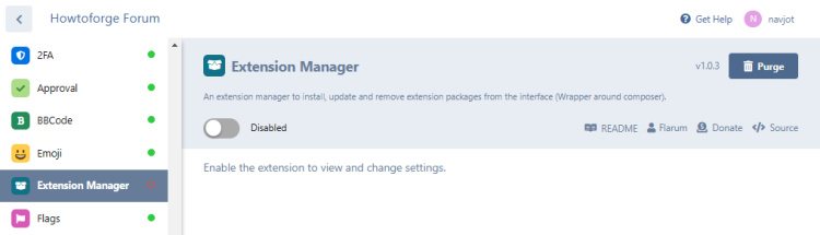 Gestor de extensiones Flarum desactivado