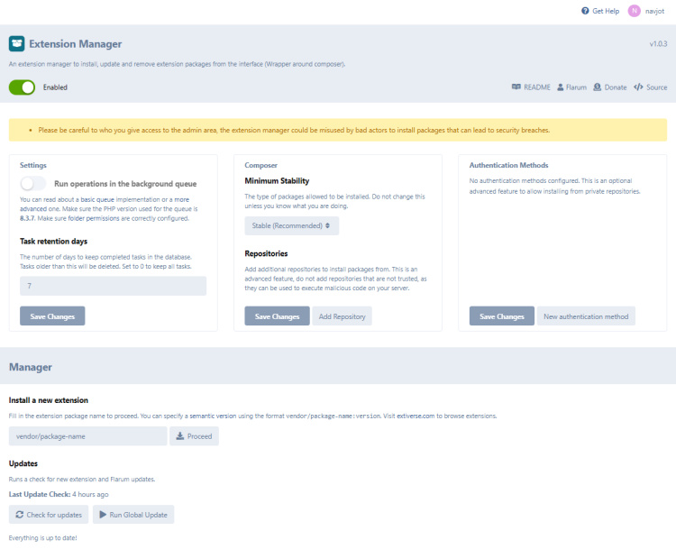Gestor de extensiones Flarum activado