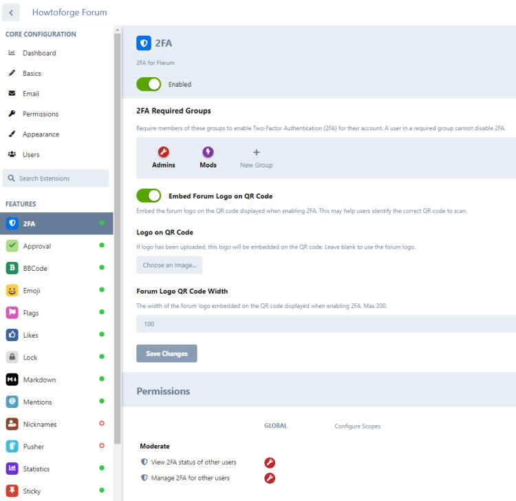 Página de administración de Flarum 2FA