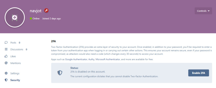 Página 2FA de usuario de Flarum