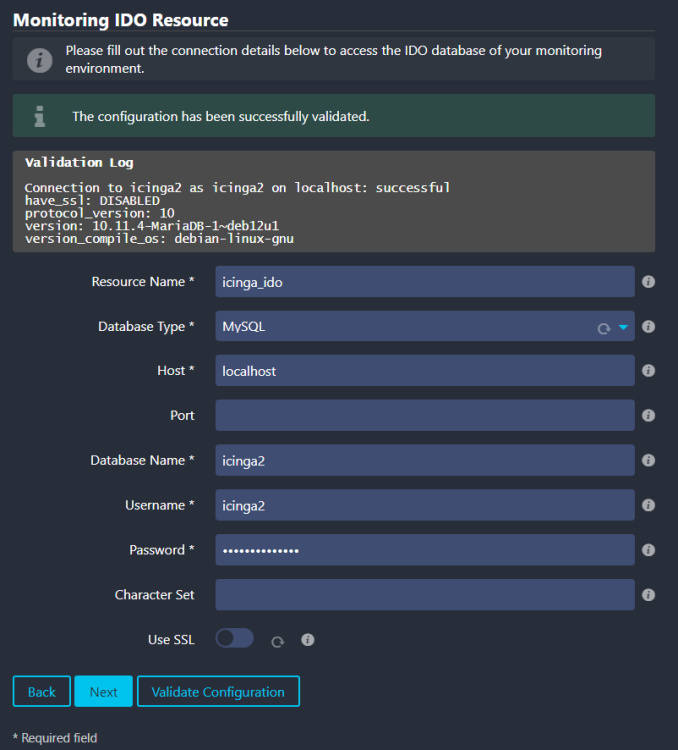 Credenciales de la base de datos Icinga
