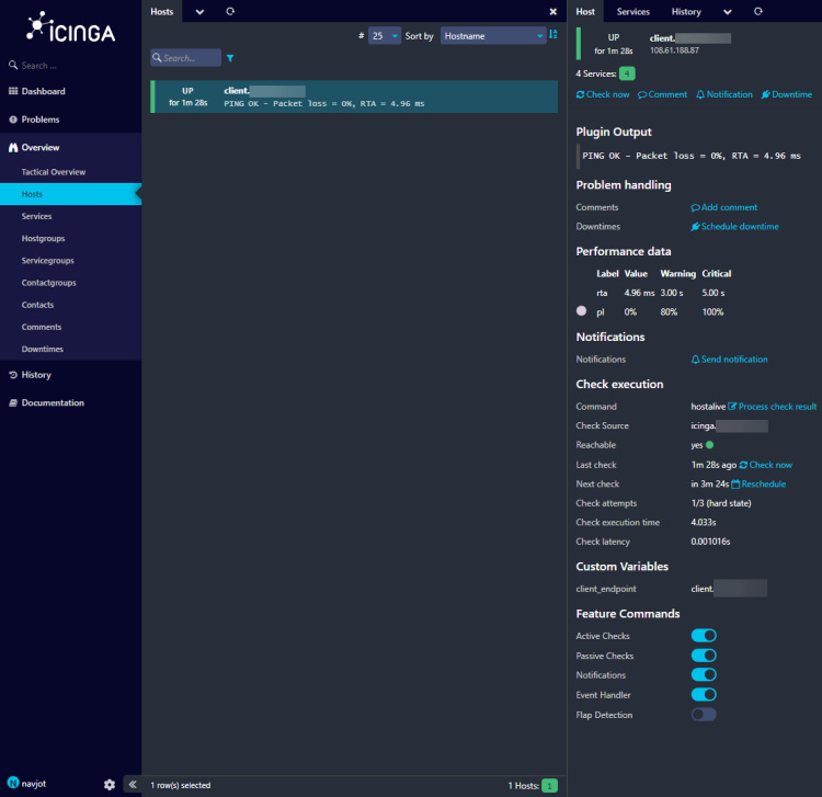 Página Hosts del Panel Web de Icinga
