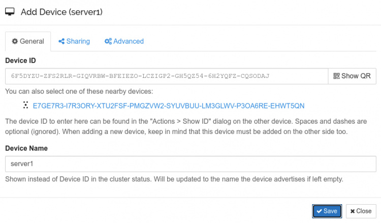 Añadir dispositivo en el servidor 1