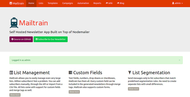 Panel de control de Mailtrain