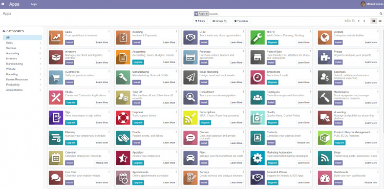 Página de inicio de Odoo