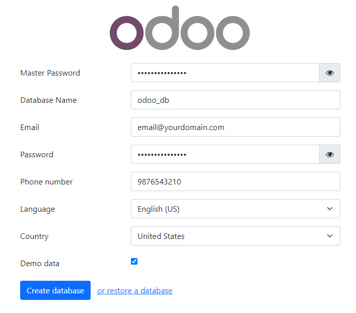 Página de creación de bases de datos Odoo