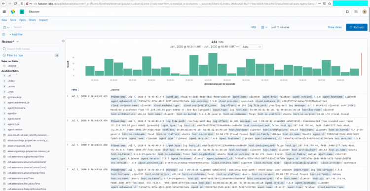 Los datos de la máquina client01 se muestran en el panel de control de Kibana