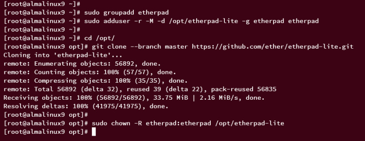 crear usuario y descargar el código fuente de etherpad