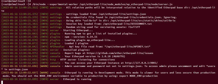 comprobación de funcionamiento etherpad