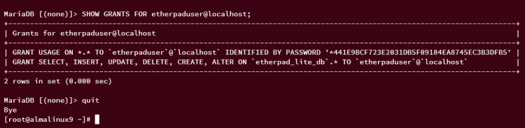 mostrar privilegios del usuario mariadb