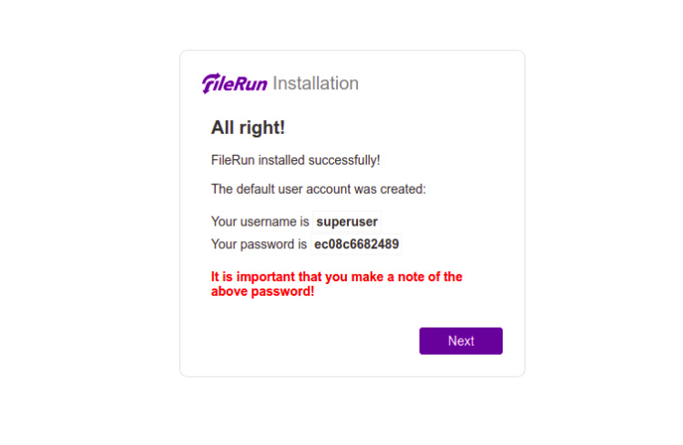 Instalación de FileRun con éxito