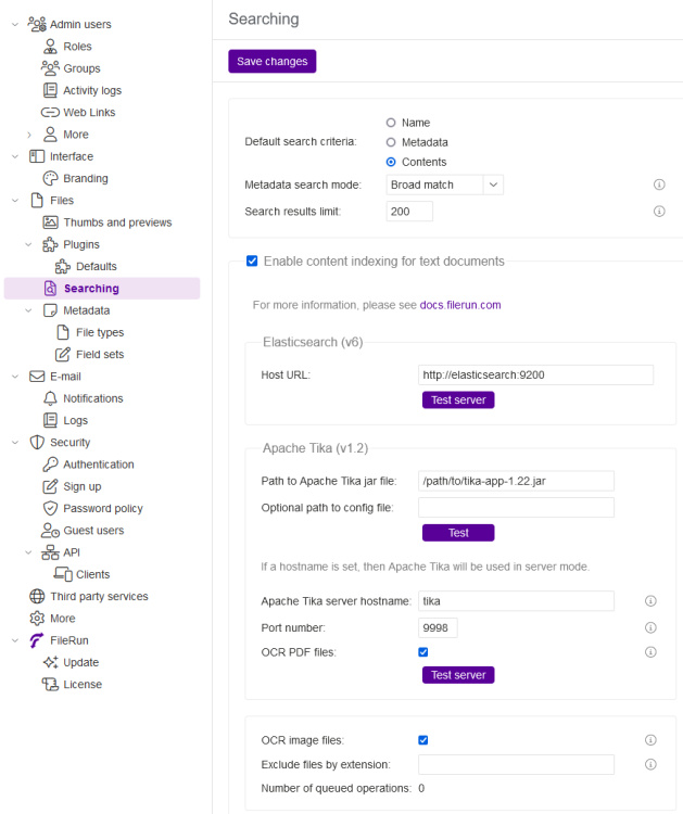 Configuración de búsqueda de FileRun