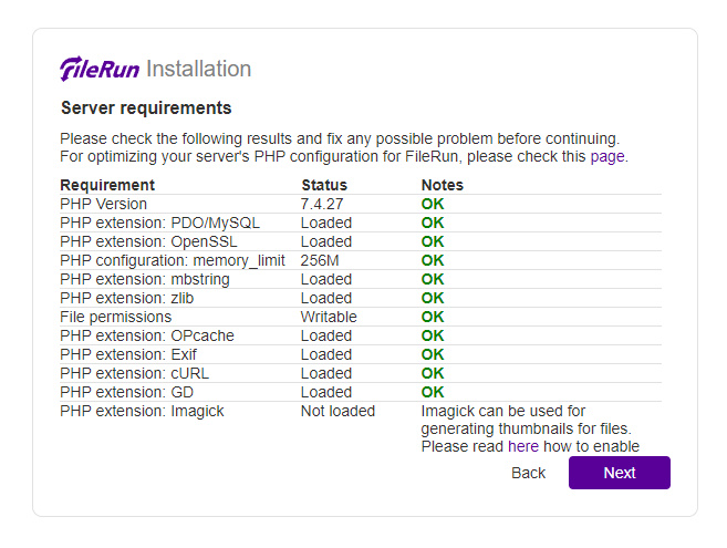 Página de requisitos del servidor FileRun