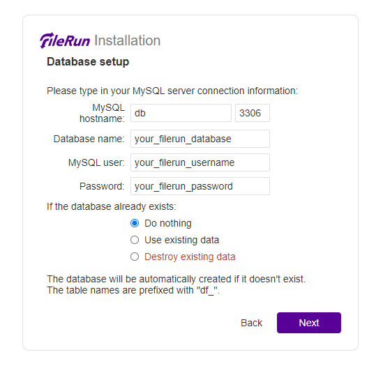 Página de configuración de la base de datos FileRun