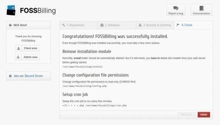 éxito de la instalación