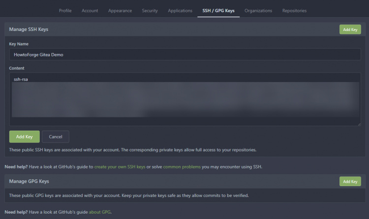 Página de claves SSH de Gitea