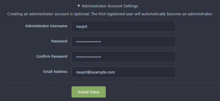 Configuración de la cuenta de administrador de Gitea