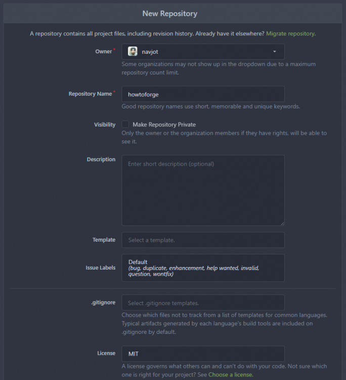 Página de configuración del nuevo repositorio de Gitea