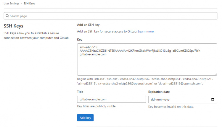 Página de claves SSH de Gitlab