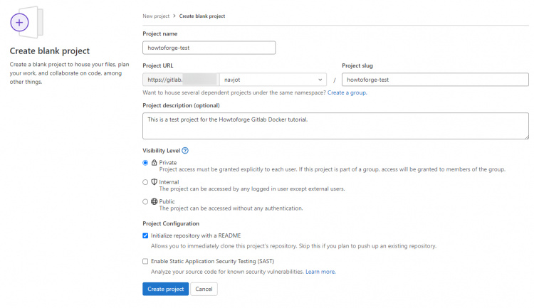 Página de nuevo proyecto de Gitlab