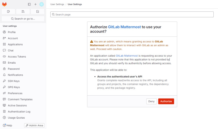 Página de autorización de GitLab Mattermost