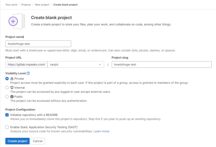 Página de nuevo proyecto de GitLab