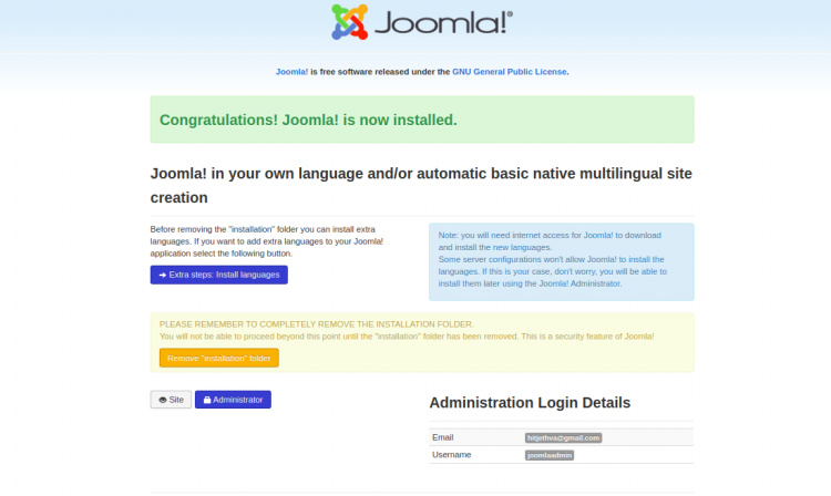 Joomla se ha instalado con éxito