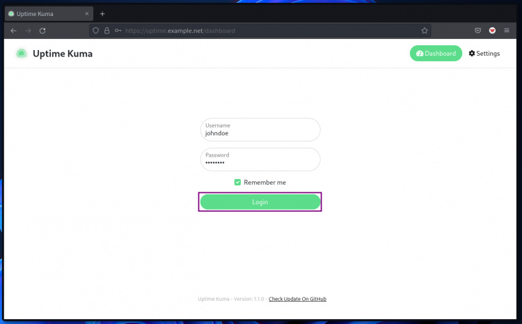página de inicio de sesión de uptime-kuma