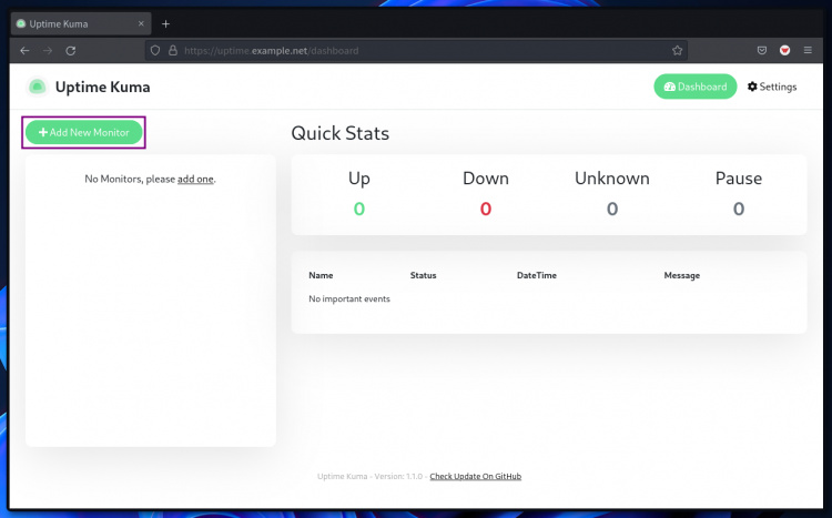Monitor de adición al salpicadero de Uptime-kuma