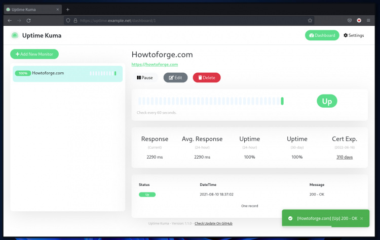 Cuadro de mandos de Uptime-kuma